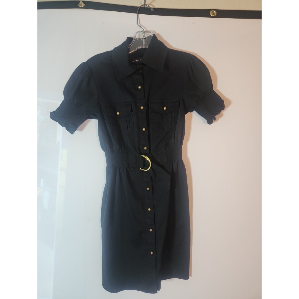 Rampage Women Black Utility Button Front Mini Dress Belted Puff Sleeve M